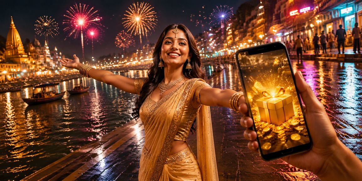 Mobile casino app view on device near Varanasi ghat nighttime market